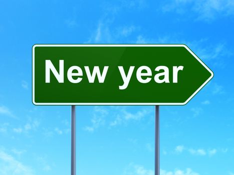 Holiday concept: New Year on green road highway sign, clear blue sky background, 3D rendering