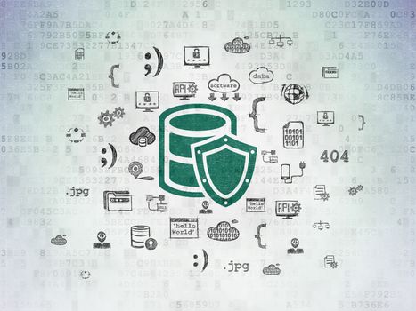 Programming concept: Painted green Database With Shield icon on Digital Data Paper background with  Hand Drawn Programming Icons