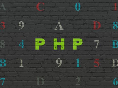 Database concept: Painted green text Php on Black Brick wall background with Hexadecimal Code