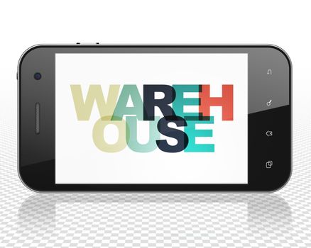 Industry concept: Smartphone with Painted multicolor text Warehouse on display, 3D rendering