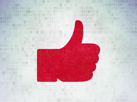 Social network concept: Painted red Thumb Up icon on Digital Data Paper background