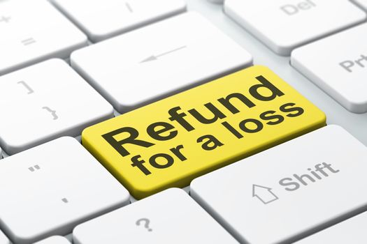 Insurance concept: computer keyboard with word Refund For A Loss, selected focus on enter button background, 3D rendering