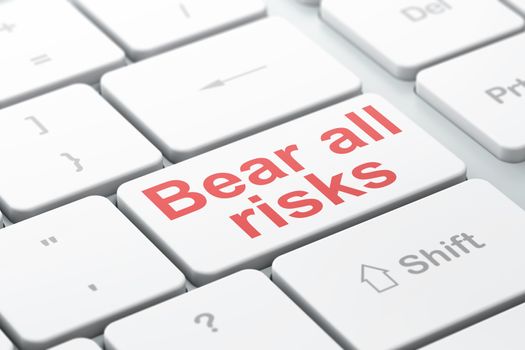 Insurance concept: computer keyboard with word Bear All Risks, selected focus on enter button background, 3D rendering