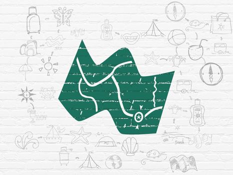 Vacation concept: Painted green Map icon on White Brick wall background with Scheme Of Hand Drawn Vacation Icons