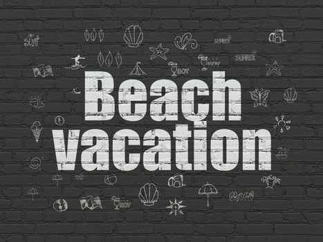 Vacation concept: Painted white text Beach Vacation on Black Brick wall background with  Hand Drawn Vacation Icons