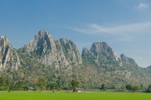 Kao Nor Kao Kawg is limestone mountain in Nakon sawan Province and have green paddy ,blue sky