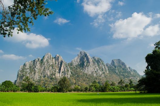 Kao Nor Kao Kawg is limestone mountain in Nakon sawan Province and have green paddy ,blue sky