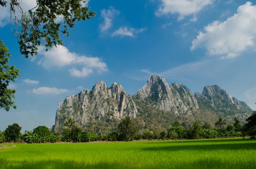 Kao Nor Kao Kawg is limestone mountain in Nakon sawan Province and have green paddy ,blue sky