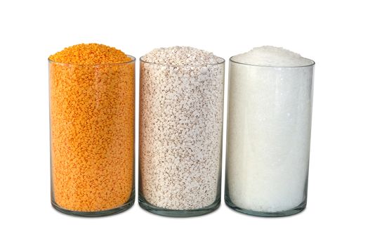 Polypropylene beads plastic pellets on white color background.