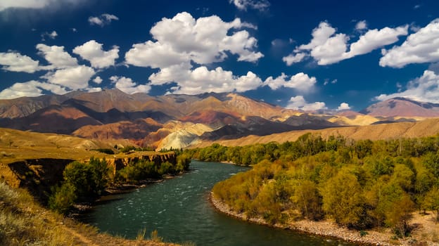 Landscape of colored mountain near Kokemeren river in Djumgal, Kyrgyzstan