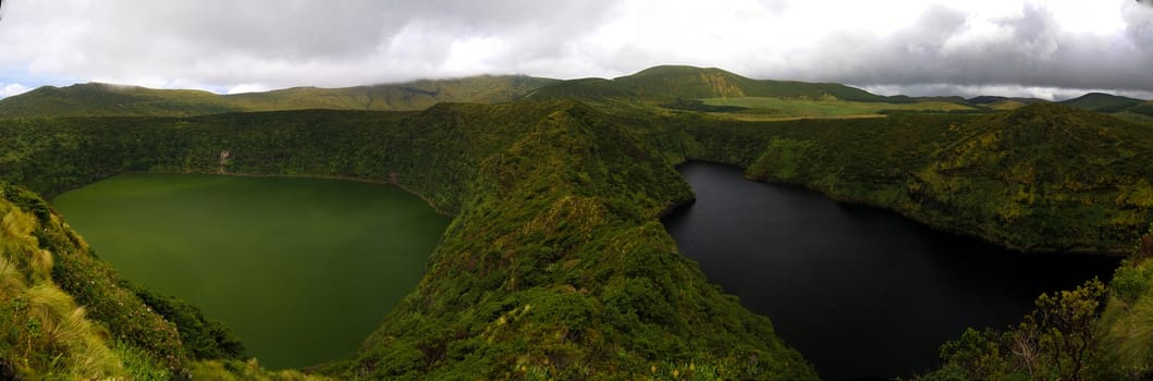 Aerial view to Comprida and Negra lakes , Flores island in Azores. Portugal