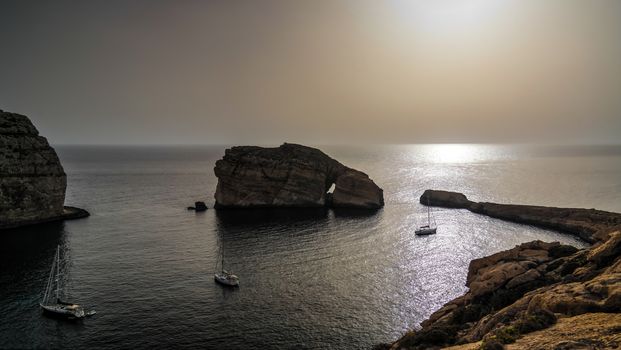 Panorama view to Dwejra bay and Mushroom aka Fungus rock, Gozo, Malta