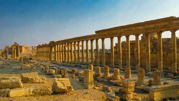 Panorama of Palmyra columns and ancient city, destroyed by ISIS, Syria