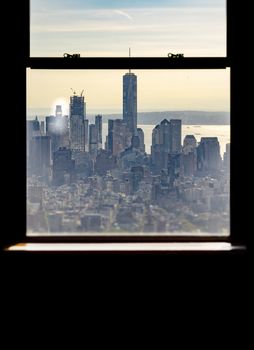 New York skyline viewed through a window frame