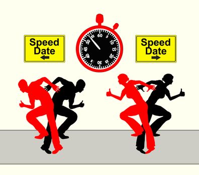 The search for the right partner as a race against the clock, humorous concept sign and symbol