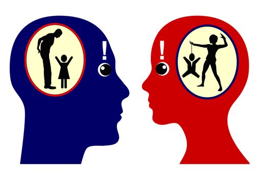 Man and woman with discrepancy between self awareness and external perception, how we see and describe ourselves and how others see and would describe us