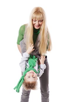 Mother playing with son isolated on white