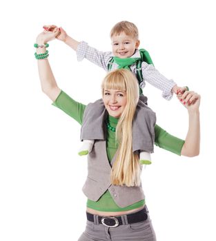 happy mother holding son on shoulders isolated on white