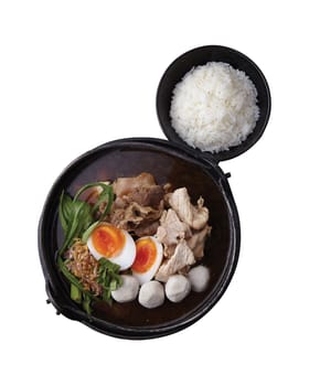 Set Rice + Pork Soup in Hot Pot + Medium Boiled Egg.
Clipping path (Dicut around Object) for work.