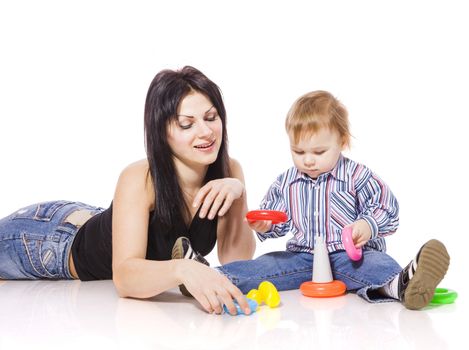 Mother playing with son isolated on white