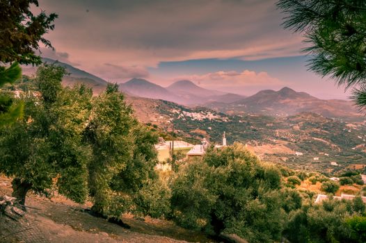 View of the green countryside of the island of Crete in Greece