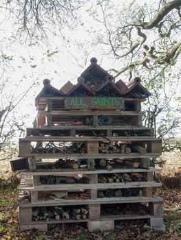 wood crate bug house 'bug hotel' in garden ; essex; england; uk