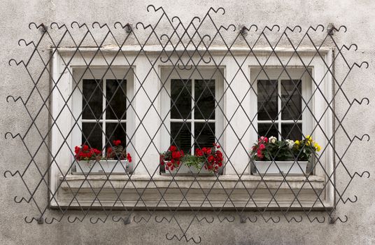 Windows with decorative metal lattice and flowers.