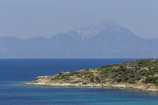 General view over Aegean sea and Mount Athos, Greece, Sithonia.
