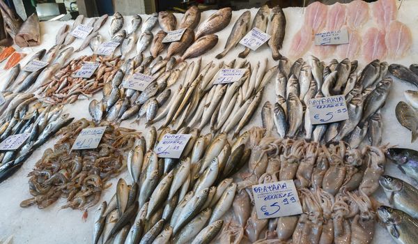 Fish stall in Modiano market in Thessaloniki, Greece.