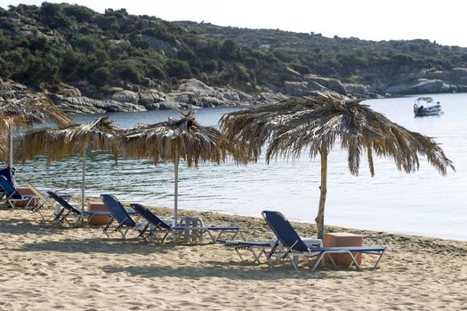 Beach with yellow sand in Greece, Chalkidiki, Sithonia.