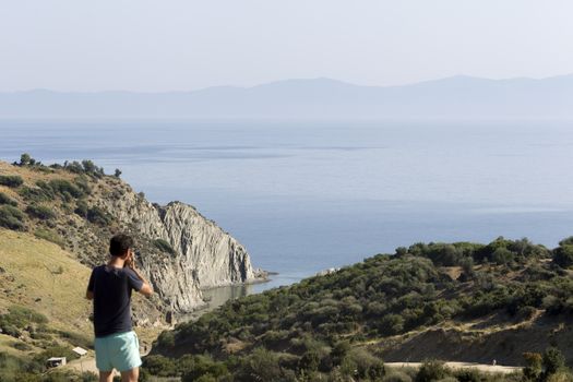 General view over Aegean sea and Mount Athos, Greece, Sithonia.