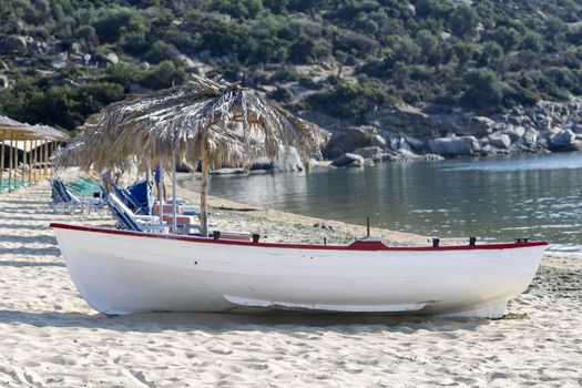 Beach with yellow sand in Greece, Chalkidiki, Sithonia.