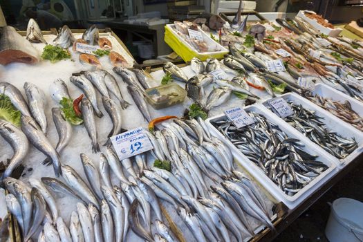 Fish stall in Modiano market in Thessaloniki, Greece.