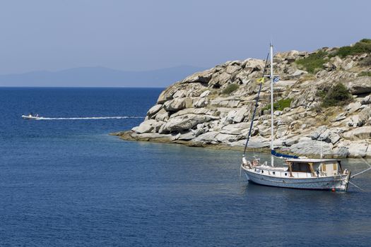 General view over Aegean sea and Mount Athos, Greece, Sithonia.