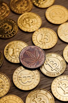 Digital currency physical metal bitcoin coin on the gold money background. Money concept.