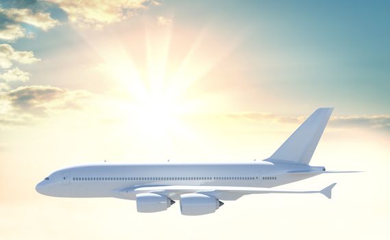 Commercial passenger airplane on beautiful colorful sunset background. 3d illustration