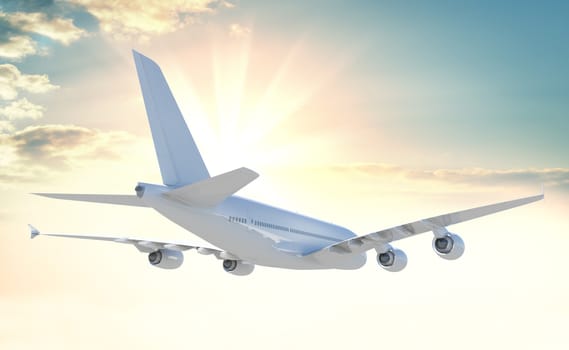 Commercial passenger airplane on beautiful colorful sunset background. 3d illustration