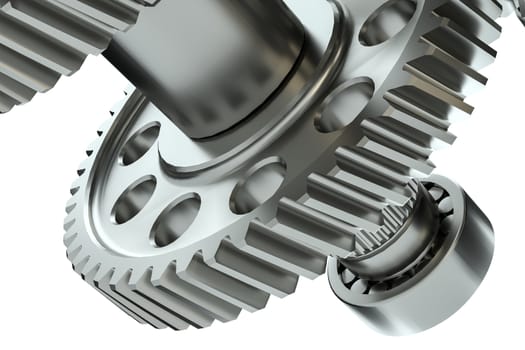 Engine gears wheels, closeup view. 3d illustration on white