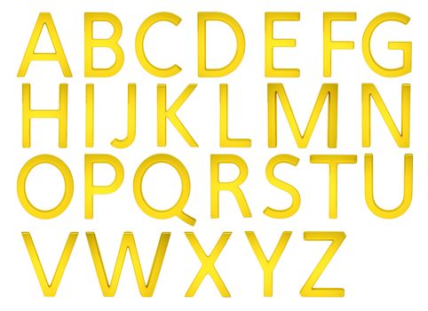 Alphabetic fonts. The material of the letters is gold. Isolated on white background. 3d illustration