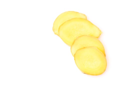 Fresh ginger root with slices on white background for herb and medical product concept, top view