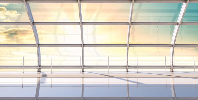 Interior of modern hall with big window and tiled floor. Beautiful sunrise or sunset in the background. 3d illustration