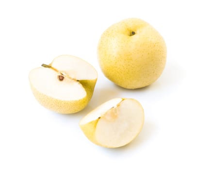 Chinese pear fresh fruit with slices on white background, selective focus
