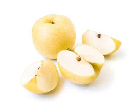 Chinese pear fresh fruit with slices on white background, selective focus