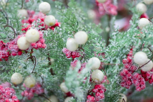 Christmas and New Year winter seasonal snow tree with pink and white berries