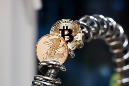 Digital currency physical metal bitcoin coin. Cryptocurrency cash concept.