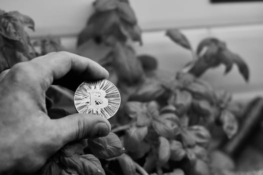 Digital currency physical metal bitcoin coin. Cryptocurrency cash concept.