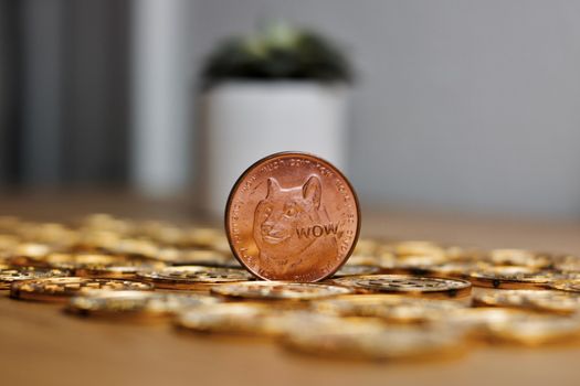 Digital currency physical brass dogecoin coin. Cryptocurrency mining concept.
