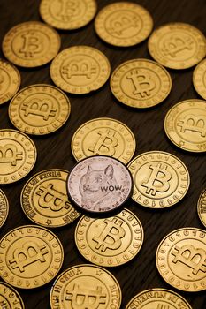 Digital currency physical brass dogecoin coin. Cryptocurrency mining concept.