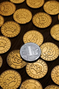 Digital currency physical metal litecoin coin. Cryptocurrency miningn concept.