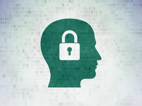 Information concept: Painted green Head With Padlock icon on Digital Data Paper background